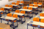 A Picture Representing The Modern Classroom Interior With Empty Classroom Benches, Desks And Chairs.