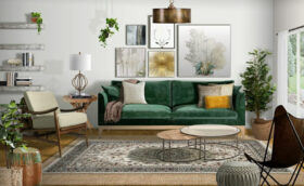 The beautiful interior of a living room with classy sofa, quirky bookshelf, paintings on the walls and indoor plants