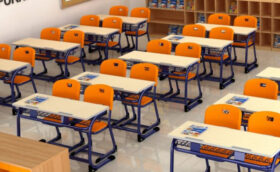 A Picture Representing The Modern Classroom Interior With Empty Classroom Benches, Desks And Chairs.