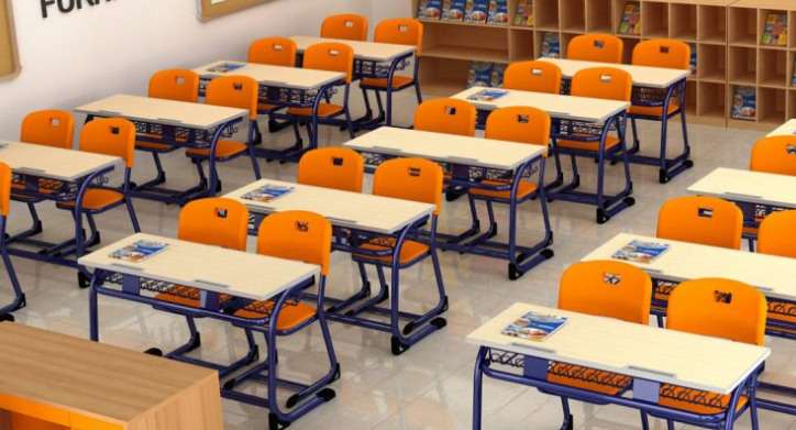 A Picture Representing The Modern Classroom Interior With Empty Classroom Benches, Desks And Chairs.