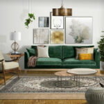 The beautiful interior of a living room with classy sofa, quirky bookshelf, paintings on the walls and indoor plants